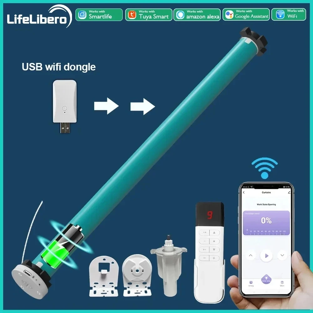Lifelibero Tuya ม่านอัจฉริยะแบตเตอรี่ WIFI, ม่านม้วนสำหรับมอเตอร์38มม. Motor listrik ชัตเตอร์แบบมีสายชาร์จได้ฟรี 1