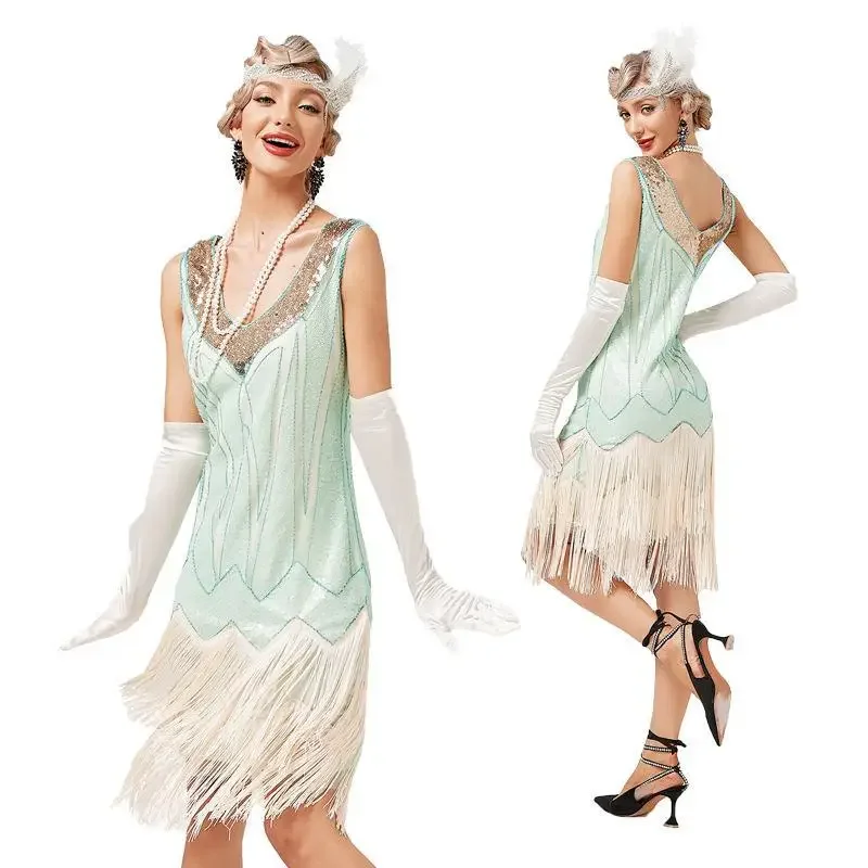 Vintage 1920s Flapper V-neck Double Tassel Dress Great Gatsby Cosplay Costume Cocktail Party Charleston Dance Sequin Dress 2