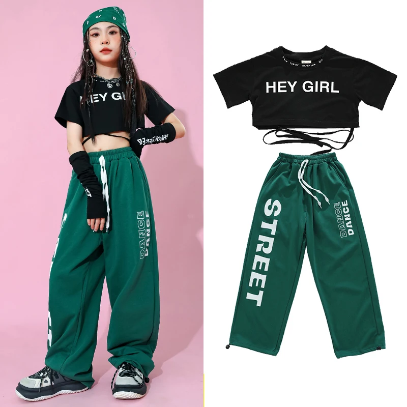 

New Children Jazz Dance Performance Show Stage Costumes Black Tops Green Pants Streetwear Girls Hip Hop Dance Clothes DQS13793