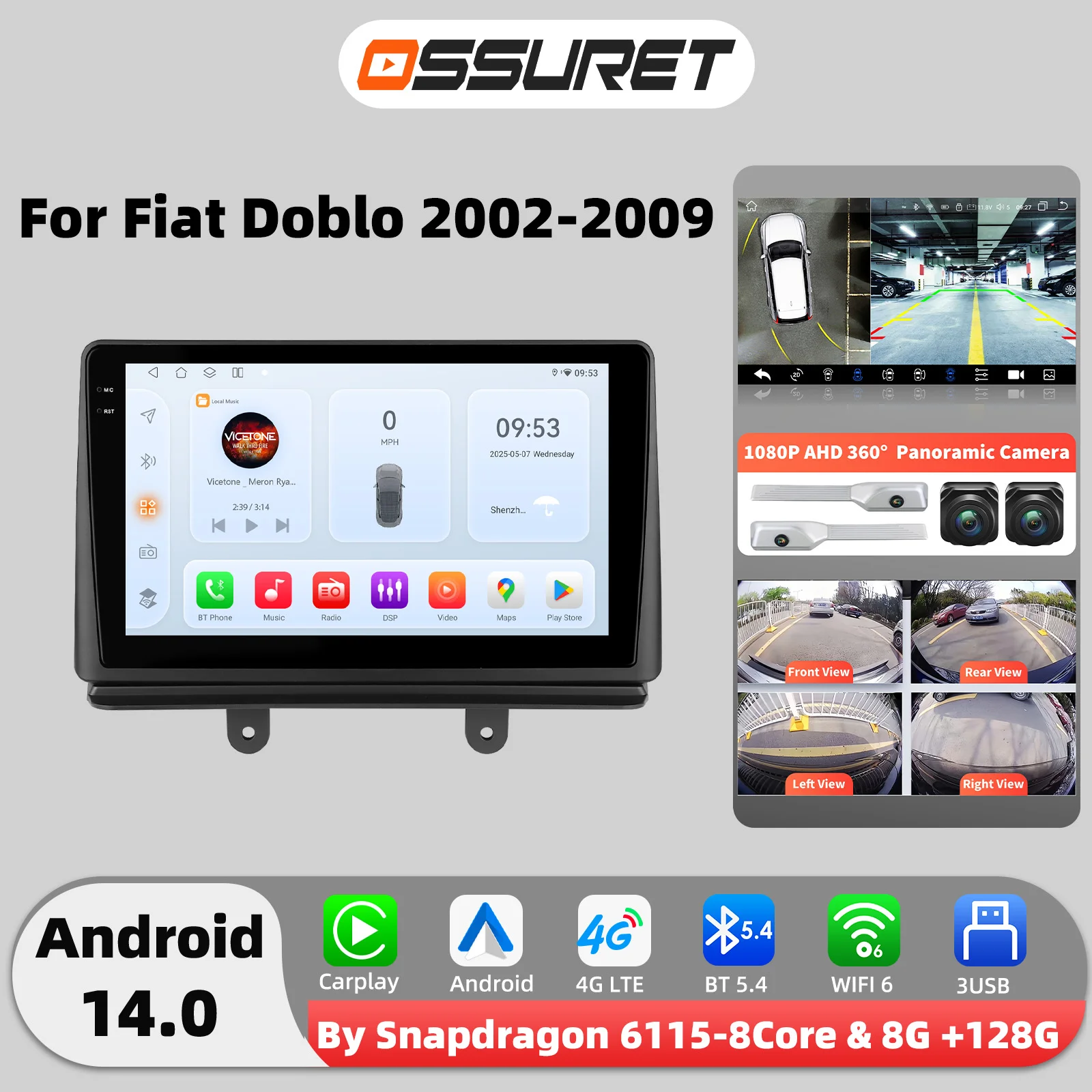 8 Core Carplay Android 14 Auto radio Für Fiat Doblo 2002-2006 2007 2008 2009 multimedia 2K Intelligente Bildschirm GPS ADAS + 360 Kamera