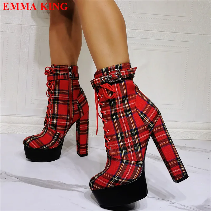 

2023 Grid Platform Ankle Boots Women Mixed Colors Striped Chunky Heels Round Toe Booties Lace Up High Heel Women's Fashion Shoes