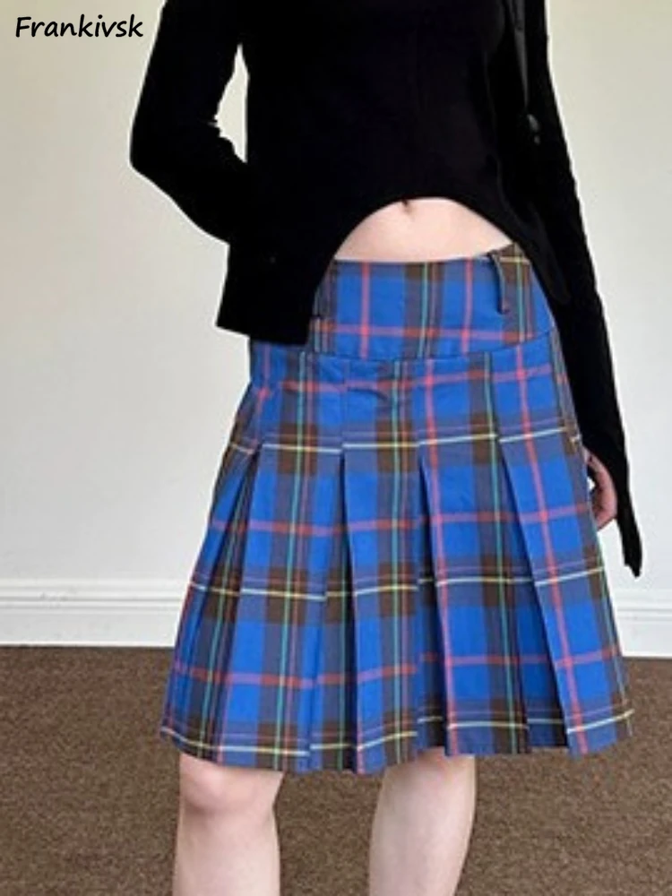 

Pleated Skirts Women Y2k Spring Summer Vintage Chic Low Waist Streetwear All-match Plaid American Retro Faldas Knee-Length Daily