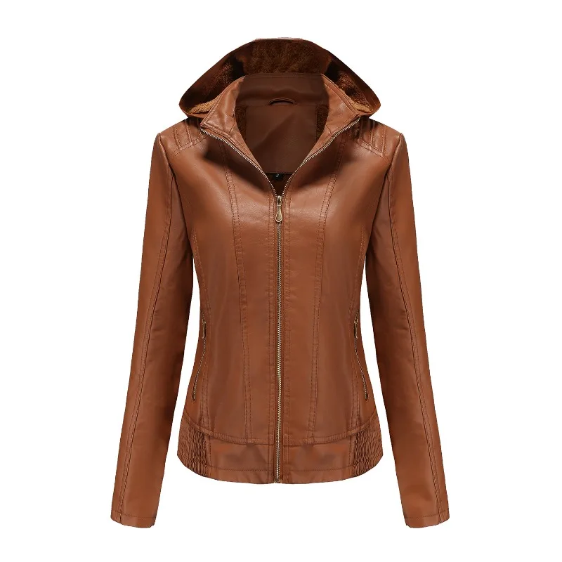 цена Leather Jacket Women Removable Hat Zipper Long-sleeved Velvet Leather Jacket Autumn Winter Hooded