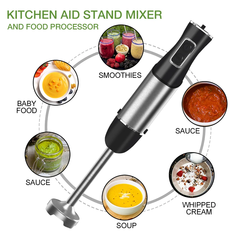 UUOUU Mixeur Plongeant 1200W, 5 en 1 Mixer Plongeur de Vitesse Intelligent,  Mixeur Professionnel en Acier Inoxydable, avec Mousseur à Lait, Fouet,  Hachoir, Tasse de 800ml, pour Soupe, Bébé : : Cuisine