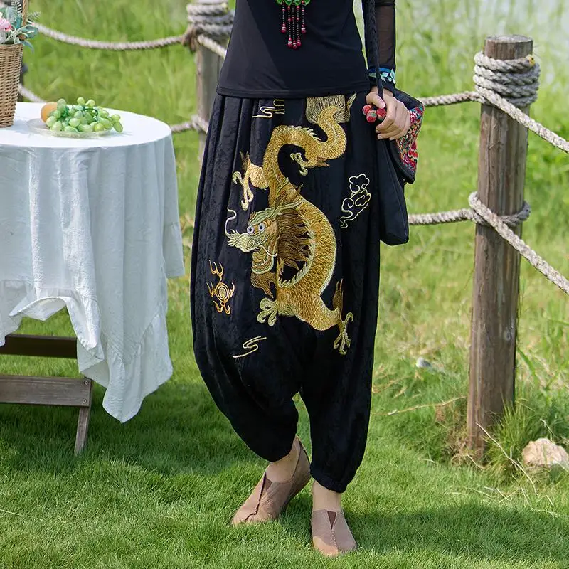 china dragon embroidery bloomers black trousers women national ethnic style vintage harajuku harem pants casual baggy pants women pants