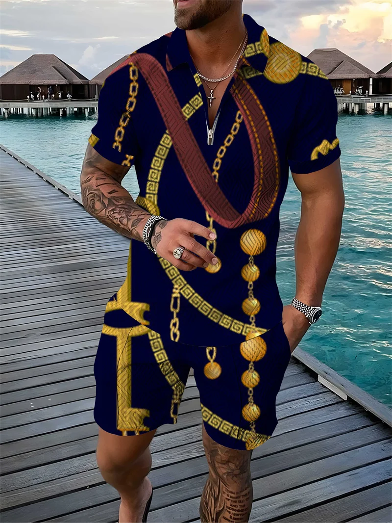 2023 Summer Men's Sportswear Fashion Short-sleeved Polo Shirt Set 3D Chain Print Clothing 2pcs Casual Comfortable Suit Street