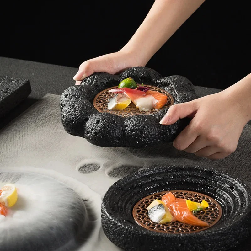 Creative Dry Ice Tray Smoked Planet Bowl Volcanic Stone Briquette Dinner Plate Irregular Dinner Cutlery Restaurant Dish Plate