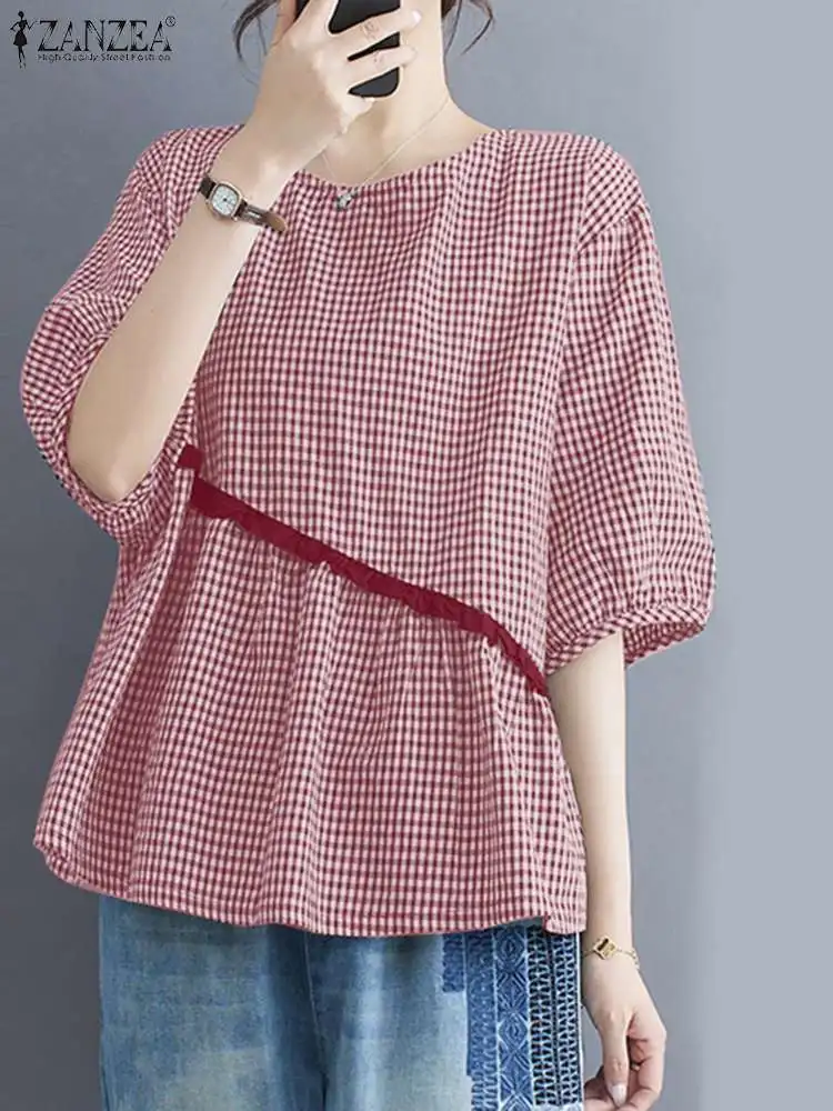 

ZANZEA Women Summer Half Sleeve Casual Work Shirt Retro Loose Patchwork Tops Tunic Party Blusas Vintage Plaid Checked Blouse