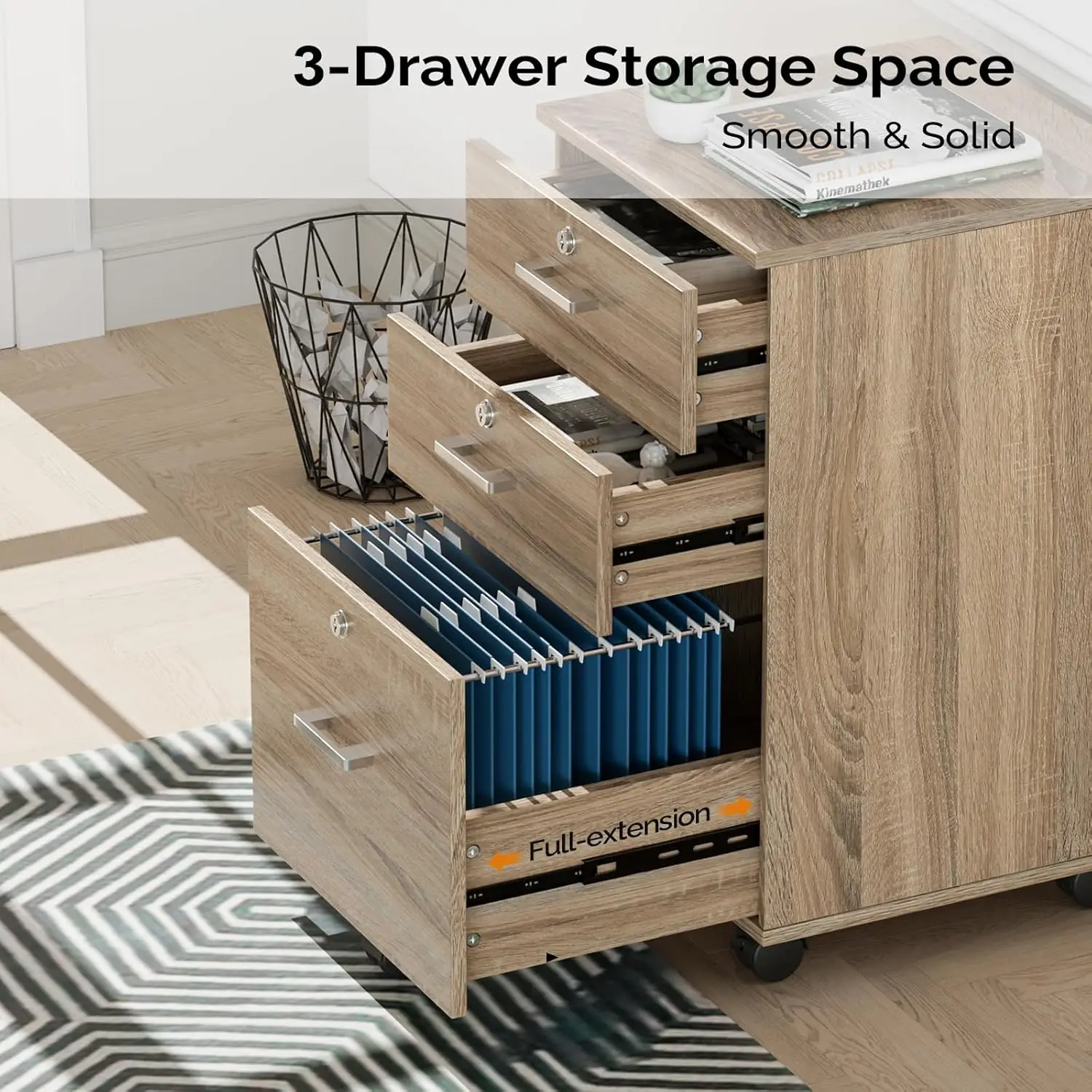 3-Drawer File Cabinet with Lock, Wood Rolling Filing Cabinets for Home Office, Mobile Printer Stand, Under Desk File Organizer