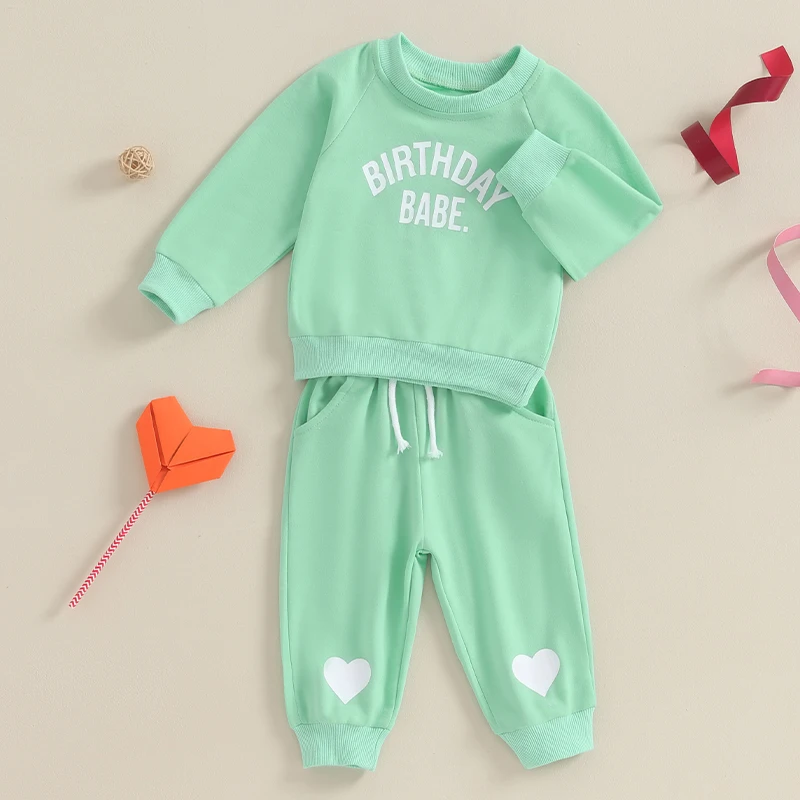 

Toddler Baby Girl Clothes Set 2PCS Newborn Baby Girl Outfits Long Sleeve Birthday Babe Letter Sweatshirt Heart Print Elastic