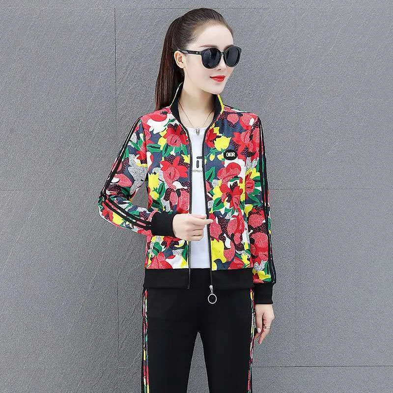 

Fashion Print Tracksuit 3 Piece Sets Women Outfit Casual Stand Zip Up Jacket + T-Shirt + Pants Spring new Jogging Sweatsuit