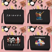 2024 ese Trend Women Cosmetic Bag Coin Clutch Bag Cute Friends Pattern Printing Portable Storage Travel Canvas Strap Black 1