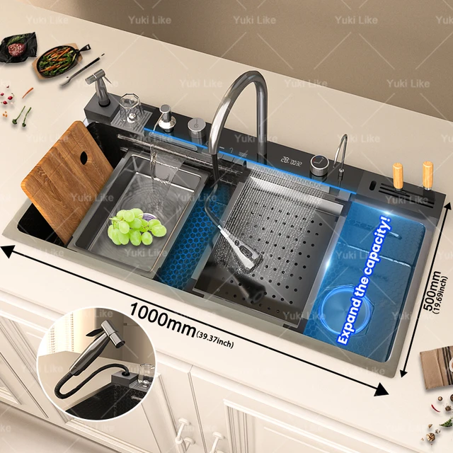 อ่างล้างจานสแตนเลสแบบมีน้ำตก ขนาดใหญ่พิเศษ ช่องเดียว พร้อมหน้าจอดิจิตอล ขนาด 100x50 ซม. 1 อ่างล้างจานสแตนเลสแบบมีน้ำตก ขนาดใหญ่พิเศษ ช่องเดียว พร้อมหน้าจอดิจิตอล ขนาด 100x50 ซม. 1