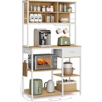 Bakers Rack with Charging Station, Coffee Bar Stand with Adjustable Storage Shelves, Fabric Drawer, 12Hooks, Table for Microwave 1