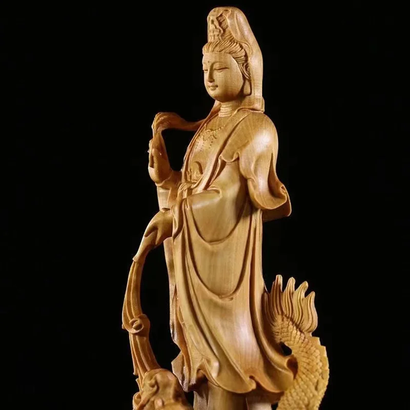 Natuurlijk Hout Dragon Guanyin Buddha Standbeeld, Traditionele Met De Hand Gesneden Chinese Boeddhistische Figuren Huis Woonkamer Feng Shui Standbeeld