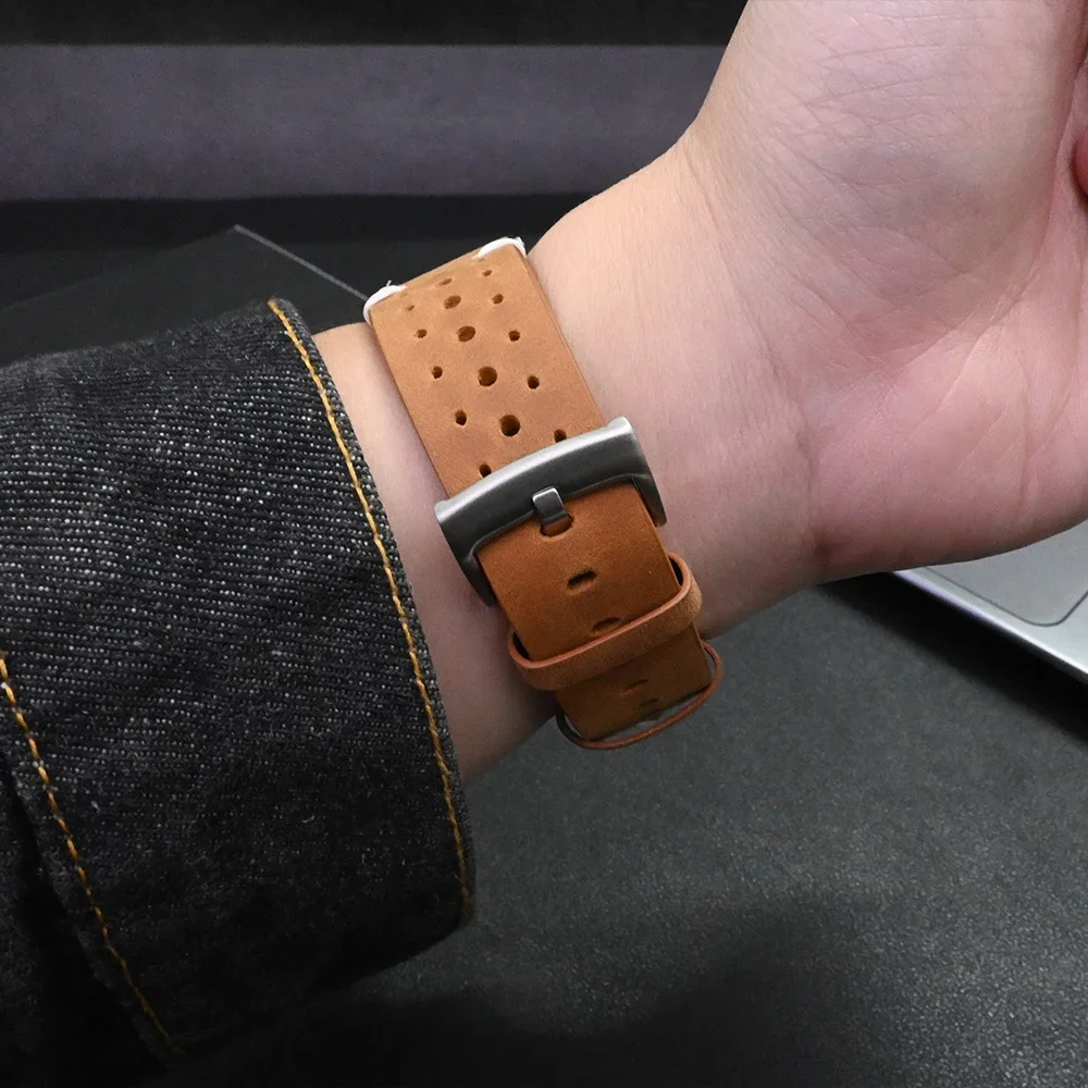 Luxury Genuine Leather Breathable Watch Strap with Curved End Bracelet