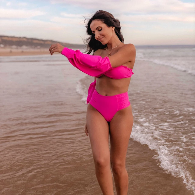 New Sexy Ruffle Long Sleeve Beach Cover Ups Swimsuit Solid Color Women`s  Swimwear 2023 Female Bathing Suit Beachwear Mujer Dress