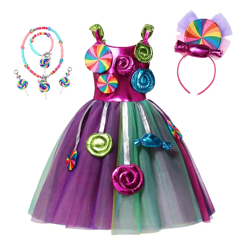 thumbnail image 1 of Disfraz de arcoíris con estampado de piruleta para niños, vestidos de princesa con diadema, ropa de fiesta de cumpleaños y Navidad, 2-10 años, 1 of 5