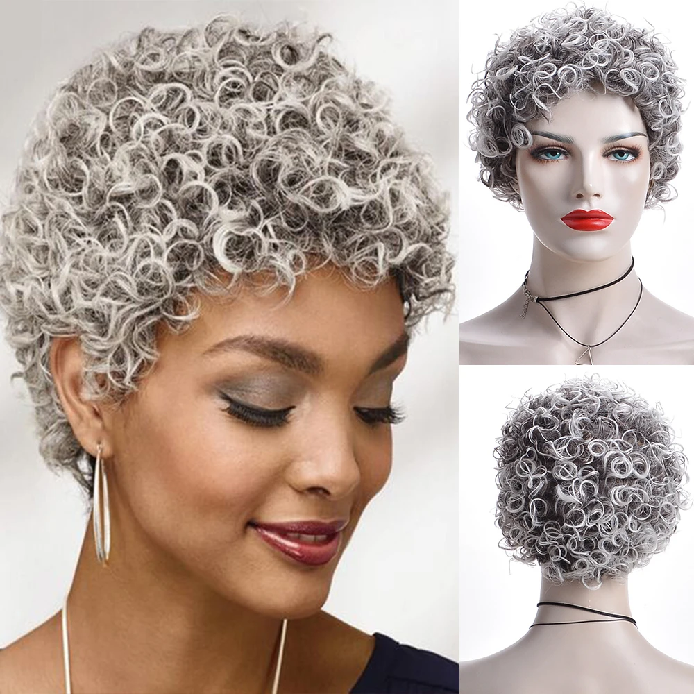Kinky Afro Curly Wig Gray Short Wigs for Women Grey Ombre Hair Natural  Small Curly Hair Full Wigs Synthetic Wavy Wigs for Ladies|Synthetic  None-Lace Wigs| - AliExpress