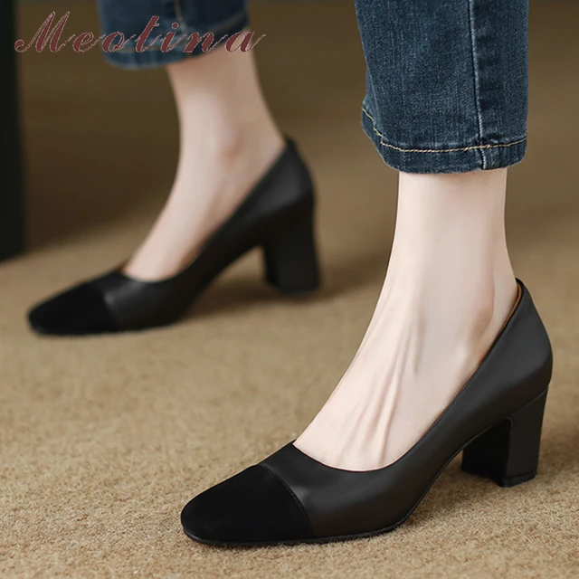 Women's High Heels Natural Genuine Leather Slingbacks Shoes Thick