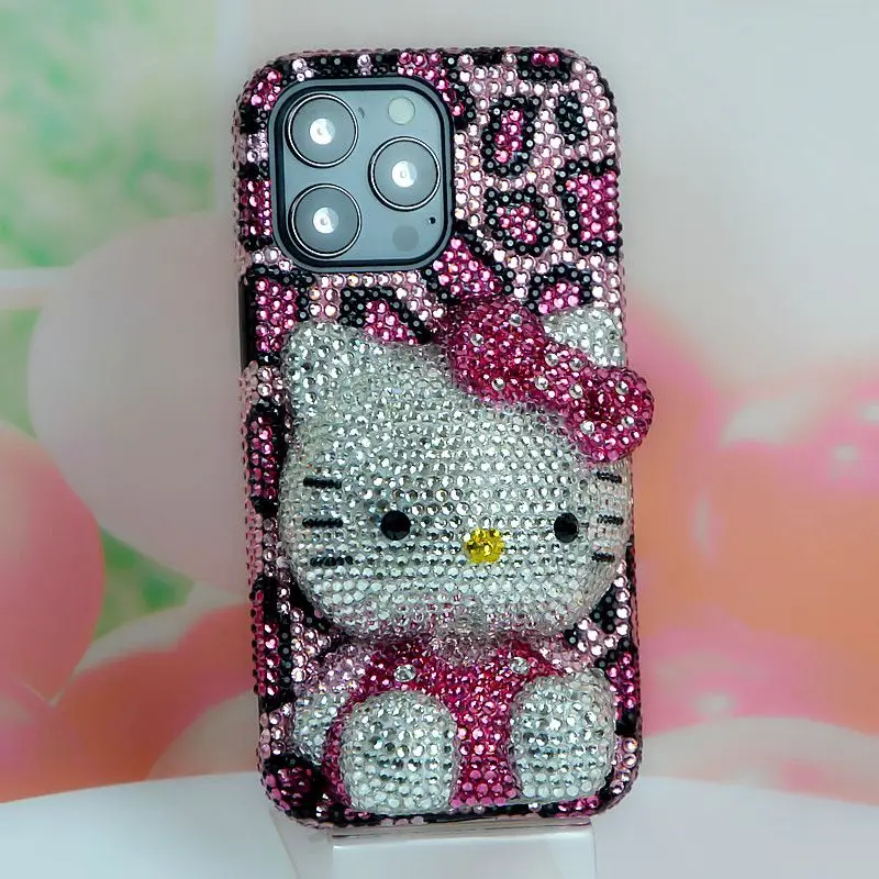 

Ювелирные изделия ручной работы Sanrio для iPhone, чехол для телефона со стразами, роза, Леопардовый принт, Hello Kitty, iPhone 11, 12, 13, 14, 15 Pro Max
