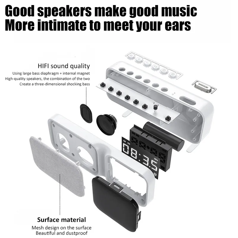 Portable Radio FM Radio Reciver Bluetooth Stereo Speaker Desktop Alarm Clock with LED display Support Hand-free AUX/TF Card Play