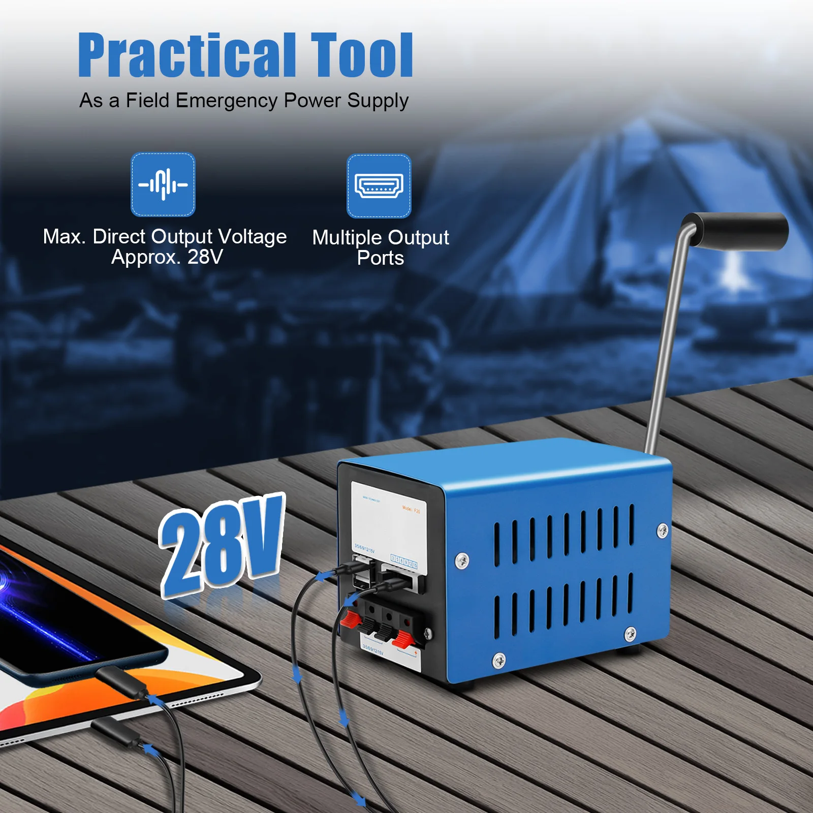 20W Hand Crank Generator Emergency Power Supply USB Charging Multi-Voltage Ports (3V-28V) for Outdoor Survival Camping