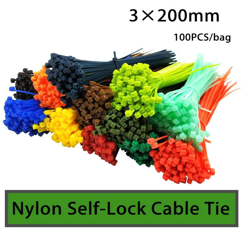 3*200mm Self-locking Nylon Cable Ties 8 inch 100pcs 12 color Plastic Zip Tie  binding wrap straps