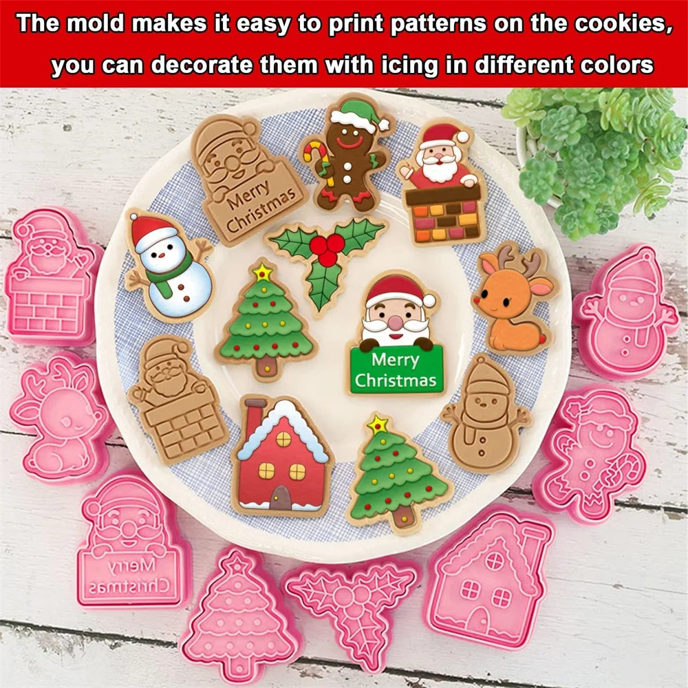 8 PCSChristmas Cookie Molds Christmas Dough Stamps Plastic 3D Cartoon Pressable Cookie Molds DIY Candy Baking Pastry Decoration