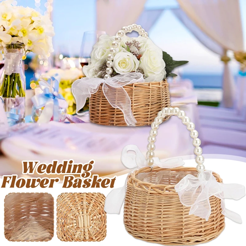 Wicker Rattan Flower Child Basket With Pearl Handle And Bow Hand Woven Easter Basket Wicker Basket Wedding Party Home Decoration 2