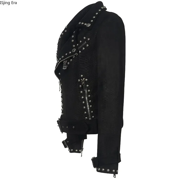 Lapel Zippered Leather Jacket, Handsome Punk Rivet Deerskin Velvet Jacket, Women's Motorcycle Jacket S3