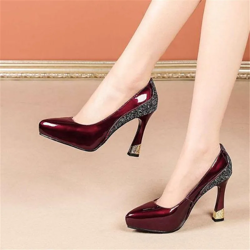 2024 Autumn Wedding Shoes Woman High Heels Women is Pumps Patent Leather Shoe Thick Heel Fashion Pointed toe Deep Wine-red black