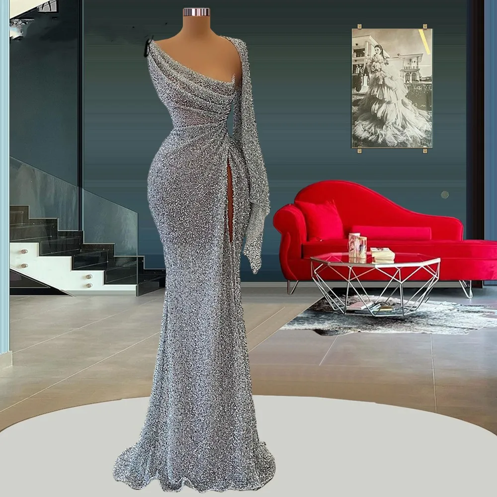 

Silver Sequin Sparkly Beaded One Long Sleeve Evening Dresses Elegant Pageant Dress for Women Robes De Soiree Cocktail Dresses