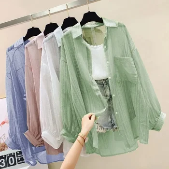 Summer Sunscreen Shirt Elegant Perspective Thin Chiffon Blouse Korean Harajuku See Through Loose Top Casual Women's Cardigan 1