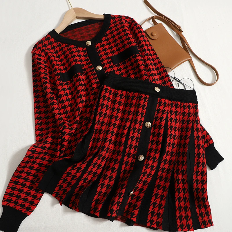 

Amolapha Women Autunm Winter Knitted 2-piece Sets V-Neck Single Breasted Tops+Pleated Mini Skirt Outfits