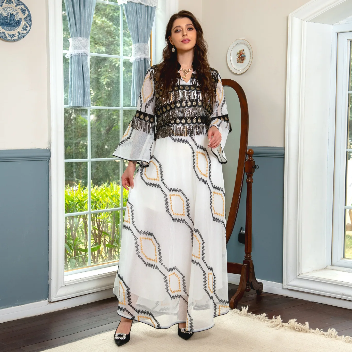 

Modest Dress Woman Dubai Eid Ramadan Embroidery Sequins Belted Kaftan Wedding Party Long Dress Djellaba Arab Clothes Jalabiya