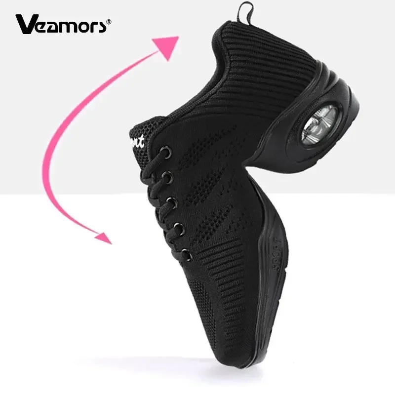 Women PU Soft Outsole Sneakers Comfortable Dance Shoes Breath Woven Mesh Modern Jazz Sports Feature Dance Sneakers