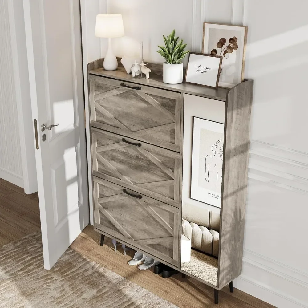 Freestanding Shoe Organizer with 5 Wooden Legs, Slim Shoes Rack Cabinet, Shoe Storage Cabinet with 3 Flip Drawers & Mirror 6