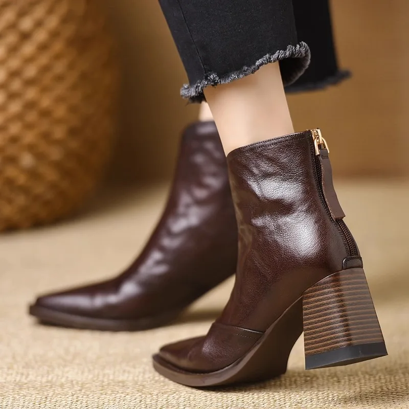 Women Ankle Boots  Square Toe PU Leather High-heeled Boots Fashion Retro Zipper Square Heel Short Boots Botas Mujer