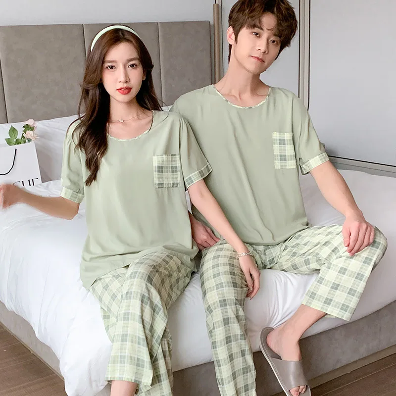 Couple's Pajamas Suit Round Neck Short Sleeve Long Pants Big Size Pajamas Set Summer Nightgowns For Adult Home Clothing Thin