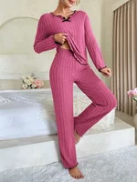 Women Autumn Winter Sleepwear Ribbed Pajamas Set Long Sleeve Top and Long Pants 2 Piece Set Casual Homewear Loungewear - Image 3