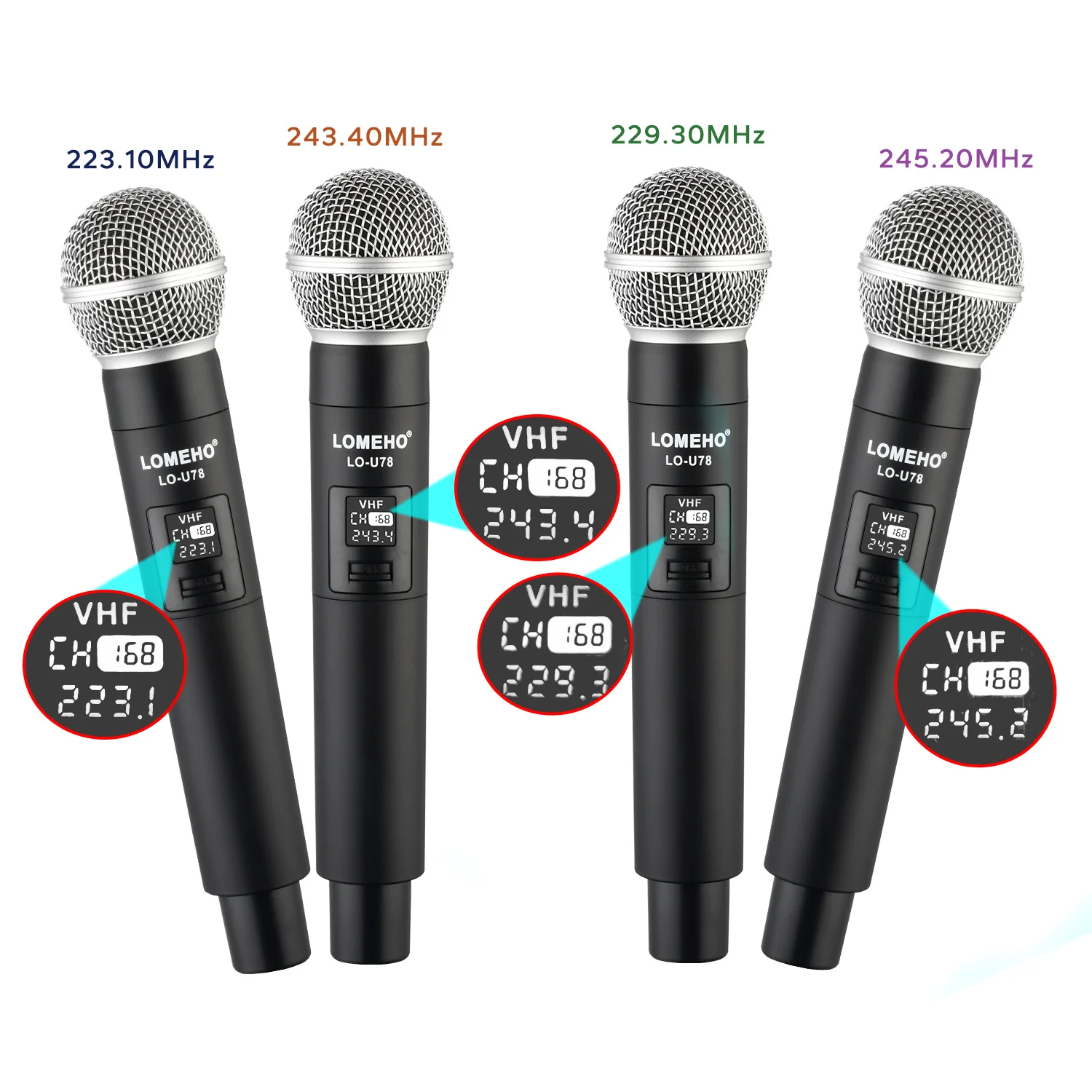 LOMEHO 4 채널 무선 마이크 플라스틱 핸드 헬드 VHF 고정 주파수 홈 스쿨 LO-U78 용 동적 무선 마이크 시스템