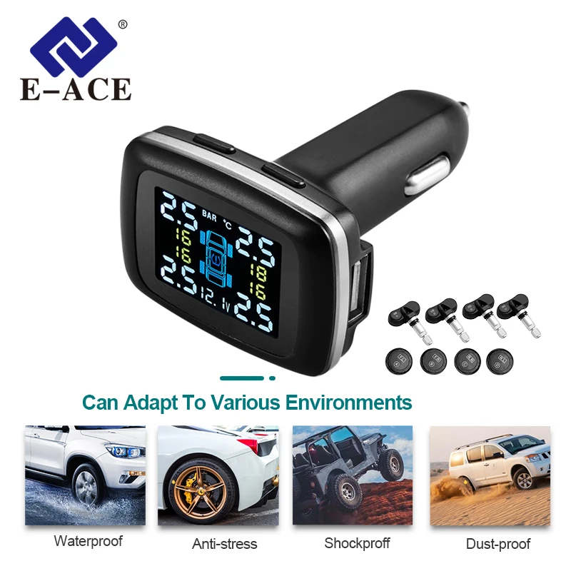 

E-ACE Car TPMS Tire Pressure Monitoring System Smart Cigarette Lighter USB Auto 4 Sensors LCD Display Pressure Temperature Alarm