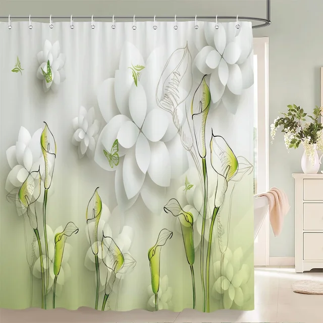 ม่านอาบน้ำลายดอกแดนดิไลออน พื้นหลังสีเทา ขนฟูสีขาว ลายธรรมชาติ ผ้ากันน้ำ ผ้าปูอาบน้ำ ดีไซน์เรียบง่าย ห้องน้ำโรแมนติก 1