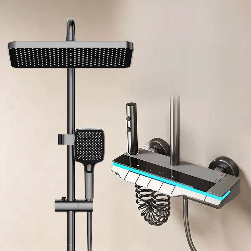 Bathroom Shower System Brass Mirror Surface Temperature-Controlled for Bathtub Faucet with Digital Display, LED Strip