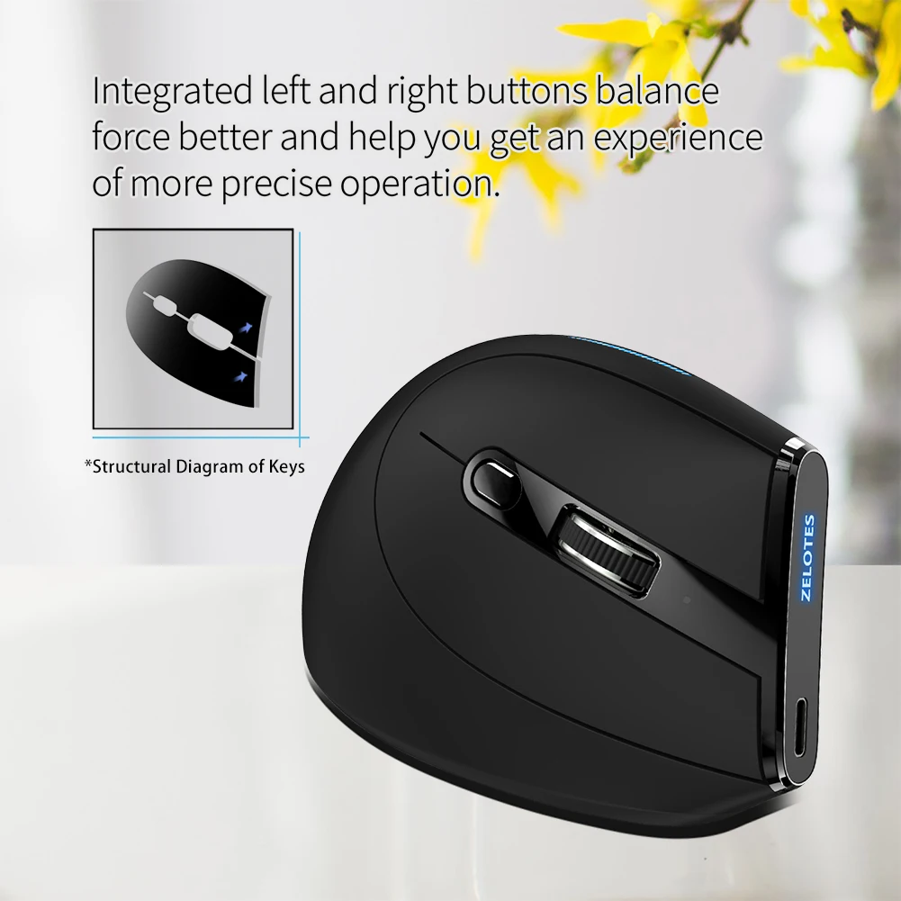 Ergonomic Vertical Wireless Mouse with 6 Buttons and 2400 DPI