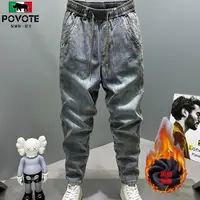 Casual Vintage Men's Fashion Drawstring Jeans with Thickened Fleece and Loose Harem Pants for Autumn and Winter Cargo Trousers 1