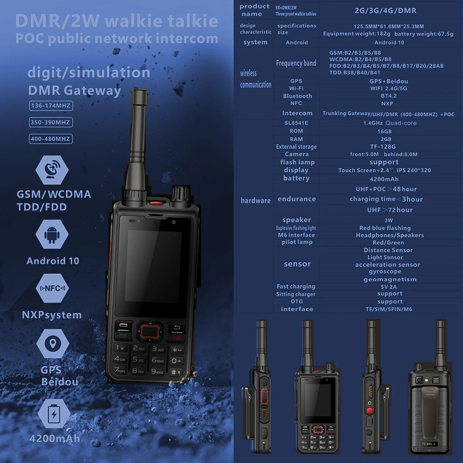새로운 W8+ DMR 2W POC 모바일 네트워크 무전기 공용 인터콤 안드로이드10 5G 폰 장거리 디지털/시뮬레이션 GPS 베이더우 무전기