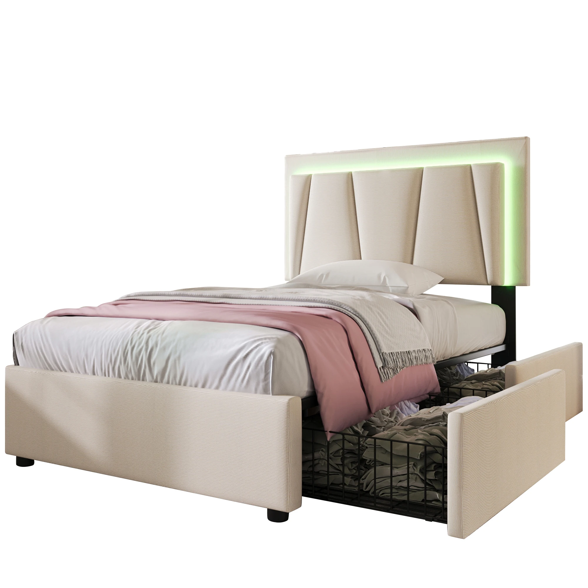 Gepolstertes Einzelbett 90x200cm mit LED-Beleuchtung, 2 Schubladen, verstellbarem Kopfteil, Holzlatten, beige (mit Matratze). – Detail 18