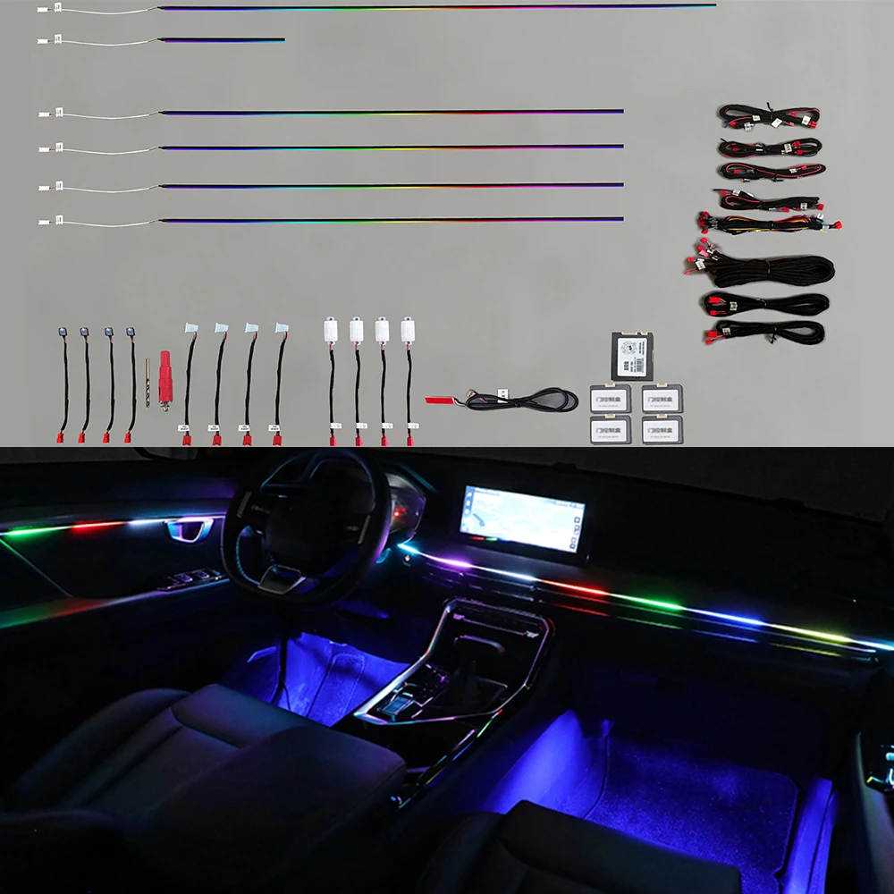 

Светодиодная атмосферная лампа, активные функции, Автомобильный интерьер, светильник льный окружающий свет, управление через приложение, неоновая светодиодсветодиодный Автомобильная декоративная лампа